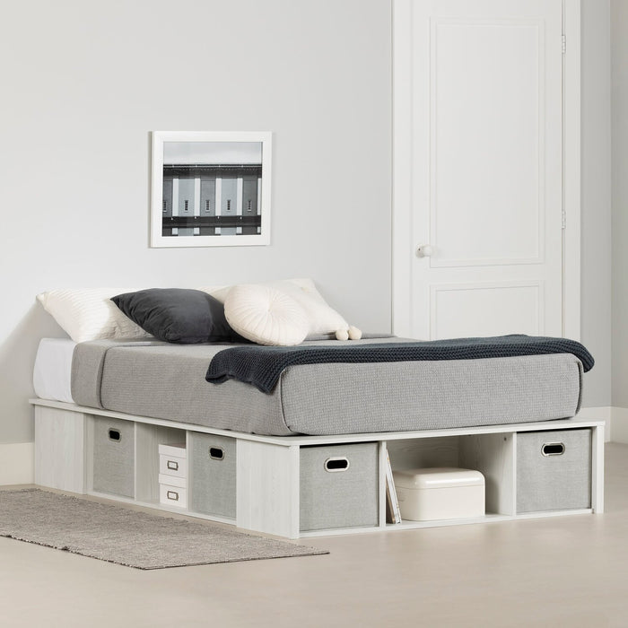 Lit plateforme Everley avec rangement et paniers intégrés, blanc - format lit double