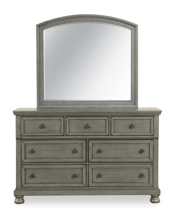 Ensemble de chambre à coucher Chelsea 5 pièces gris avec lit de rangement, commode et miroir - format grand lit