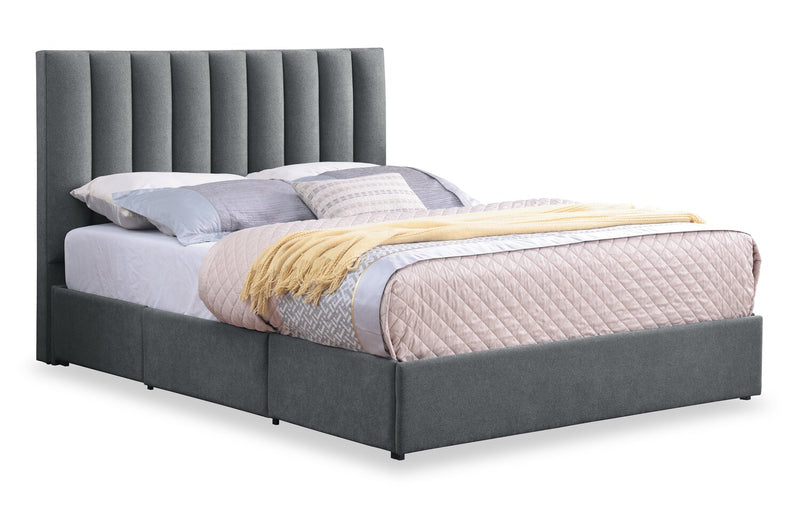 Lit de rangement Amos rembourré en tissu anthracite avec tête de lit à canaux et 3 tiroirs intégrés - format très grand lit