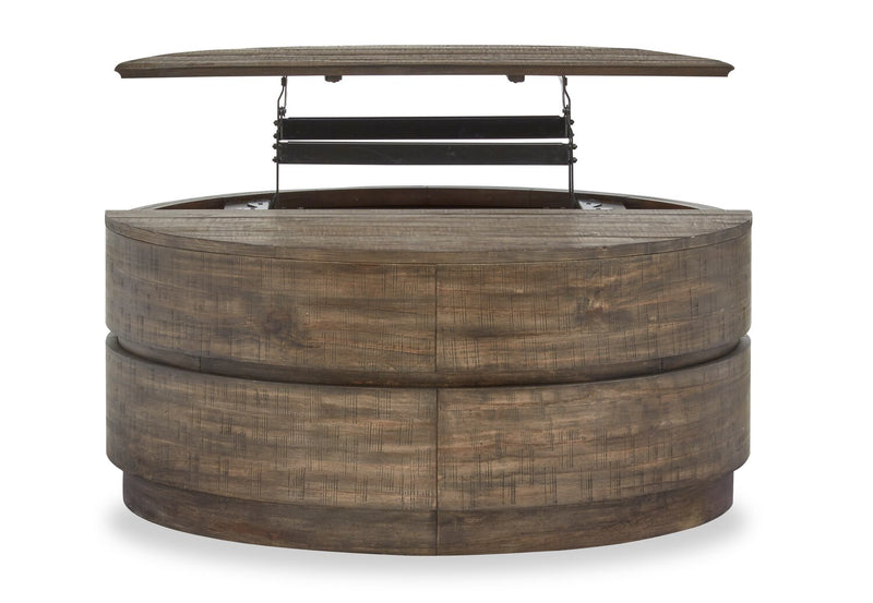 Table à café ronde rustique Elm de 40 po en pin avec dessus relevable - brune