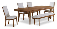 Ensemble de salle à manger Ember 6 pièces avec table de 74 po à 92 po (L), banc et 4 chaises - gris et brun