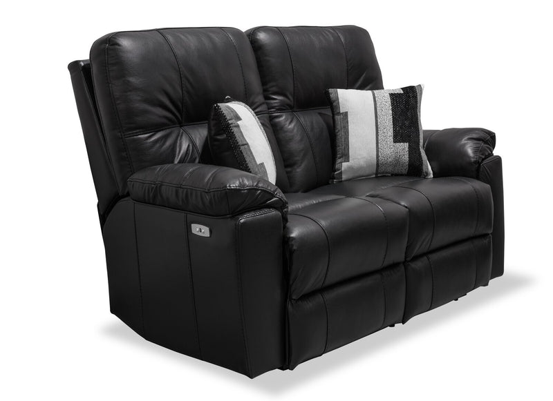 Causeuse à inclinaison électrique Dawson de 64 po fabriquée au Canada en cuir véritable avec port USB et coussins décoratifs - noir