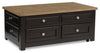 Wells 46" Solid Wood Lift Top Coffee Table with Storage and Casters - Two Tone Brown | Table à café Wells de 46 po en bois massif avec dessus relevable, rangement et roulettes - deux teintes de brun