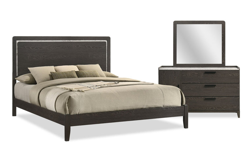 Ensemble de chambre à coucher Sable gris foncé 5 pièces avec lit, commode et miroir - format très grand lit
