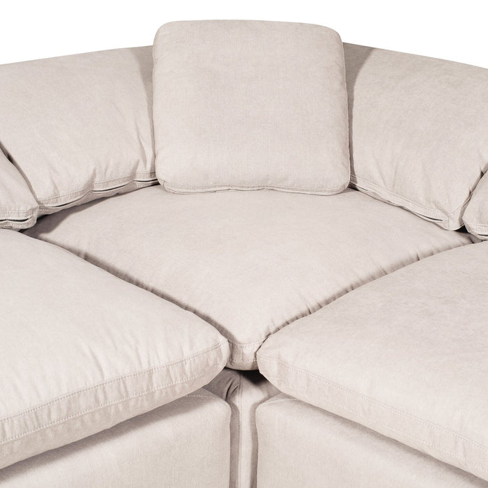 Sofa sectionnel modulaire Eclipse 4 pièces en tissu d’apparence lin avec pouf et coussins réversibles en duvet et plumes - blanc lin