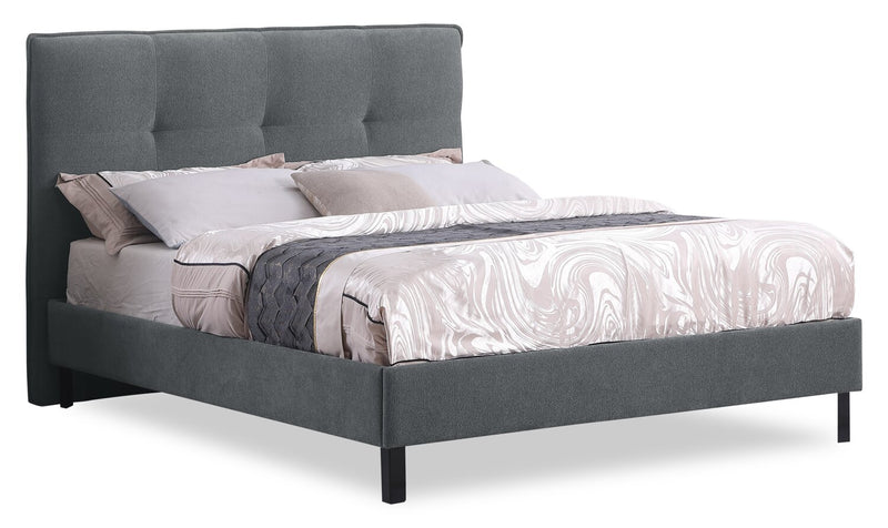 Lit plateforme Amos rembourré en tissu anthracite avec tête de lit capitonnée - format très grand lit