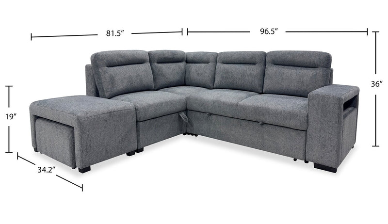 Sofa-lit sectionnel de gauche Coast 3 pièces en tissu avec rangement et pouf - fumée