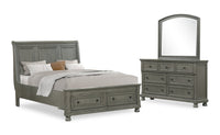 Ensemble de chambre à coucher Chelsea 5 pièces gris avec lit de rangement, commode et miroir - format grand lit