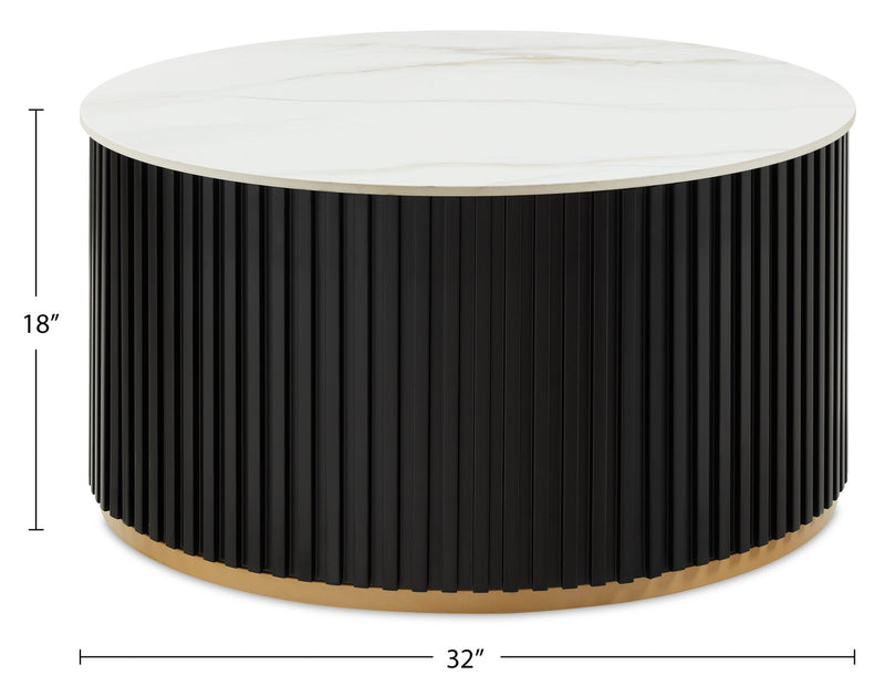 Table à café ronde moderne Capri de Kort & Co. de 32 po avec dessus en pierre frittée blanche et roulettes - noire et dorée