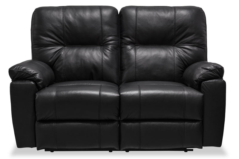 Causeuse à inclinaison électrique Dawson de 64 po fabriquée au Canada en cuir véritable avec port USB et coussins décoratifs - noir