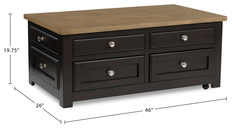 Table à café Wells de 46 po en bois massif avec dessus relevable, rangement et roulettes - deux teintes de brun