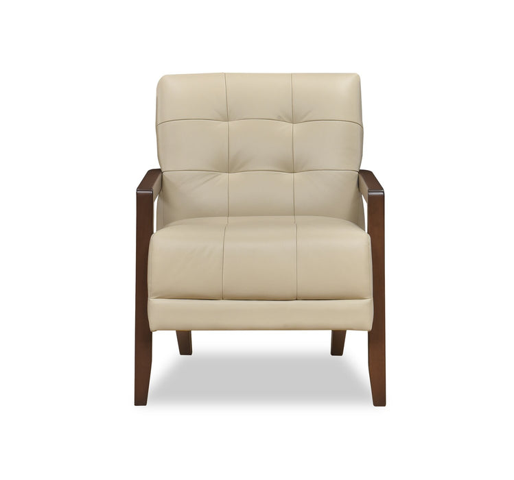 Fauteuil d’appoint Enzo de 26 po en cuir véritable avec capitonnage en biscuit, accoudoirs rectilignes et pattes en bois - beige