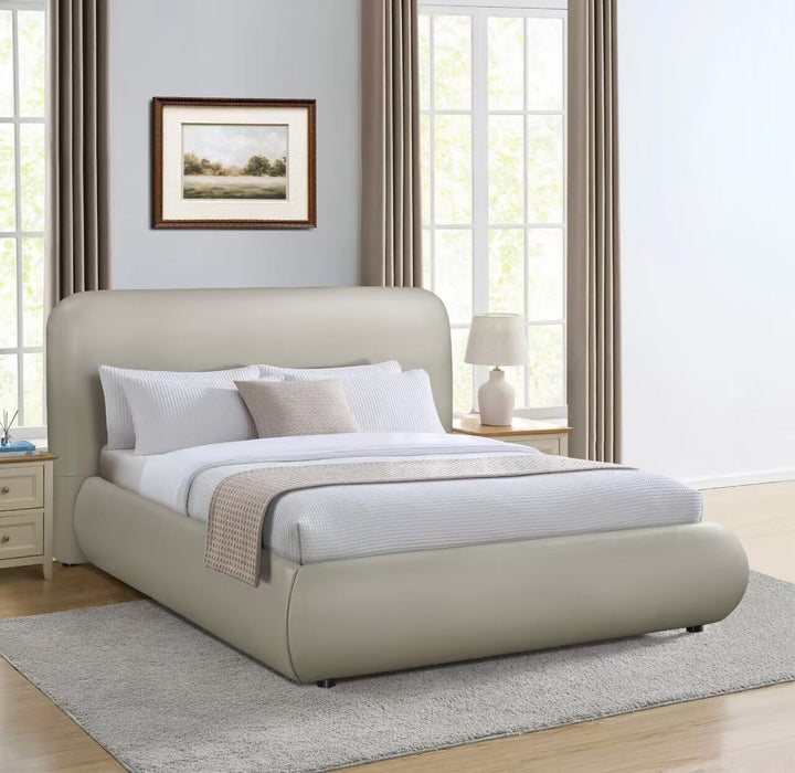 Lit plateforme rembourré moderne Luka en tissu de cuir végétalien taupe - format lit double
