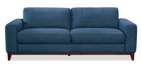 Sofa River de 87 po en tissu d’apparence lin avec base et pattes en bois - bleu