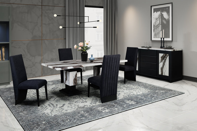Table de salle à manger Vega de 82 po (L) avec imitation de marbre et base piédestal - noire et blanche