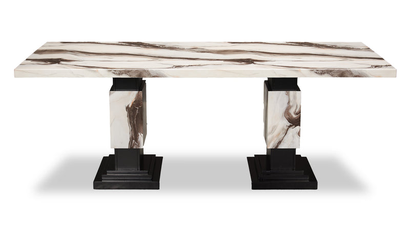Table de salle à manger Vega de 82 po (L) avec imitation de marbre et base piédestal - noire et blanche