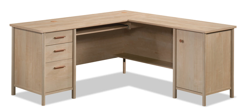Bureau en forme de L Whitaker Point de 94,13 po de qualité commerciale avec rangement et plateau pour clavier - érable naturel