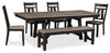 Zao 6pc Dining Set with Table, Bench & 4 Chairs, 66-94"W Extension, Melamine - Brown | Ensemble de salle à manger Zao 6 pièces en mélamine avec table, rallonge de 66 po à 94 po (L), banc et 4 chaises - brun