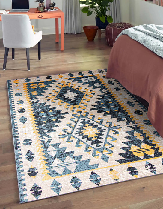 Carpette Roma taupe et bleue lavable à la machine - 6 pi 0 po x 9 pi 0 po