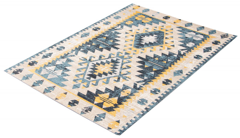Carpette Roma taupe et bleue lavable à la machine - 6 pi 0 po x 9 pi 0 po