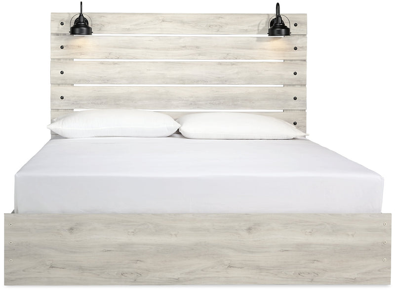 Lit à panneau Abby avec tête de lit, cadre, éclairage à DEL et port USB, blanc - format très grand lit