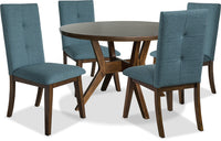 Ensemble de salle à manger Chelsea 5 pièces avec table ronde de 48 po (L) et 4 chaises bleues - brun noyer