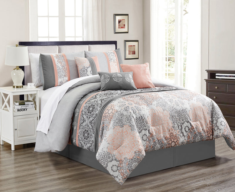 Ensemble d'édredon Dublin 7 pièces pour très grand lit - rose et gris