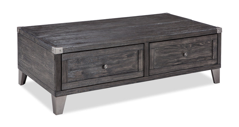Table à café industrielle Hilla de 54,38 po avec dessus relevable et rangement - bois brun foncé avec pattes en métal