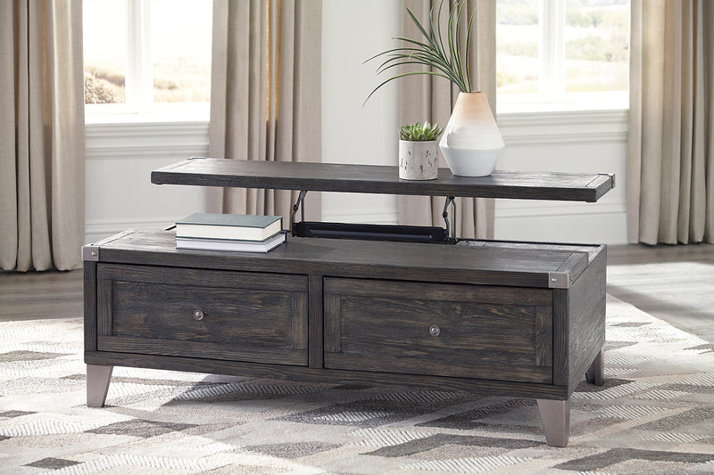 Table à café industrielle Hilla de 54,38 po avec dessus relevable et rangement - bois brun foncé avec pattes en métal