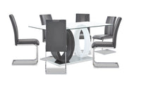 Ensemble de salle à manger Jaye 7 pièces avec table de 63 po (L), dessus en verre, base piédestal et 6 chaises - gris et blanc