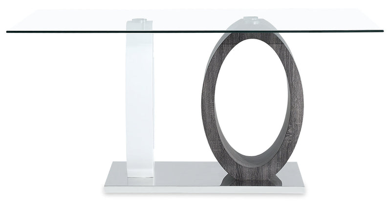 Table de salle à manger Jaye de 63 po (L) avec dessus en verre et base piédestal - grise et blanche