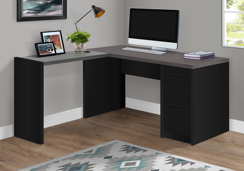 Bureau d’ordinateur Orion de 60 po avec verre trempé et à 3 tiroirs - noir et gris