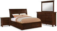Ensemble de chambre à coucher Sonoma 6 pièces avec lit de rangement, commode, miroir et table de nuit, brun manguier - format grand lit