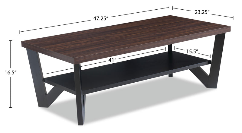 Ensemble 3 tables modernes Arika de 47,5 po (table à café et 2 tables de bout) avec tablette - noyer foncé et noir 