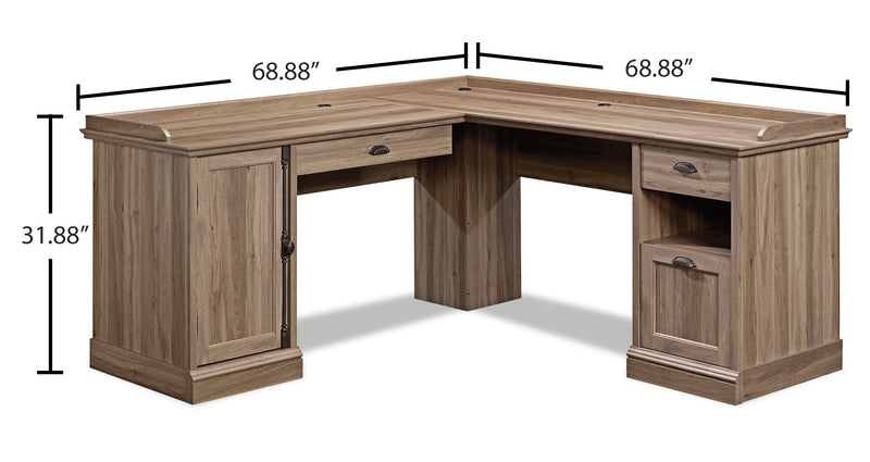 Bureau en coin en forme de L Barrister Lane de 68,88 po à 3 tiroirs avec armoire - chêne salé