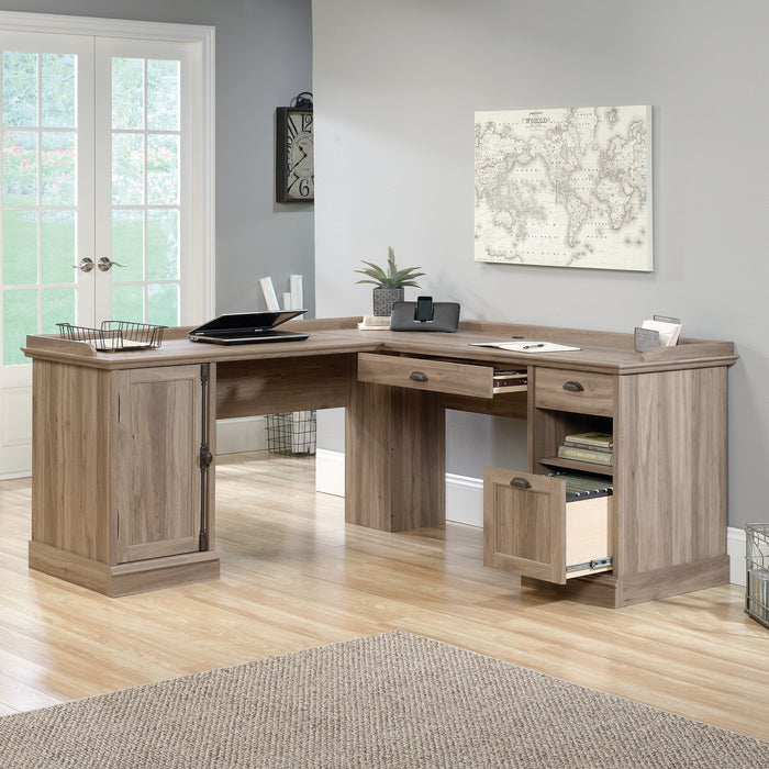 Bureau en coin en forme de L Barrister Lane de 68,88 po à 3 tiroirs avec armoire - chêne salé