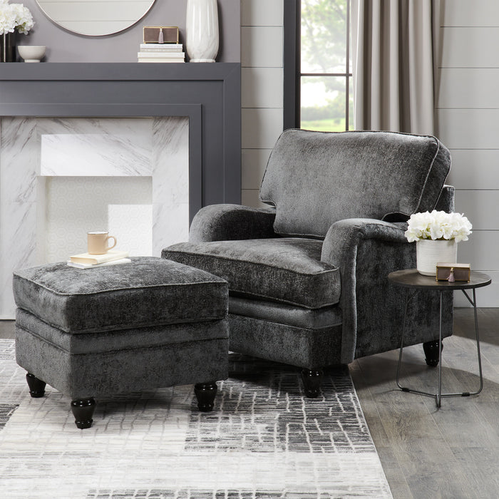 Pouf Bellmont de 26 po fabriqué au Canada en tissu de chenille avec pattes en bois - gris anthracite