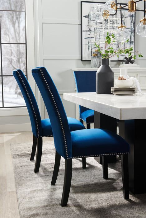 Ensemble de salle à manger Cami 7 pièces avec table de 70 po (L) avec dessus en marbre véritable et 6 chaises bleues 