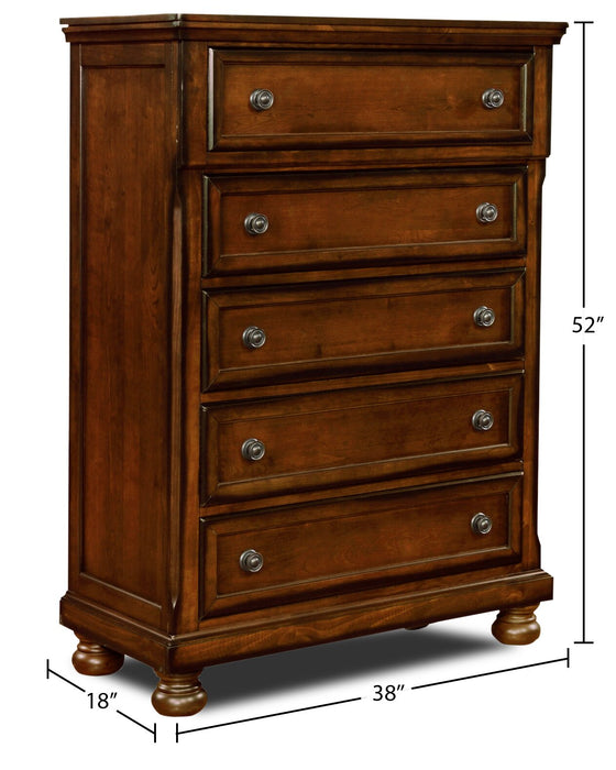 Commode verticale Chelsea de 38 po (L) x 52 po (H) à 5 tiroirs pour la chambre à coucher - brun cerisier