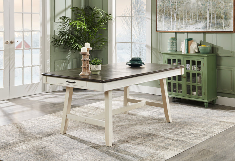 Ensemble de table de salle à manger Echo 6 pièces avec table de 70 po (L), tiroirs de rangement, base à tréteaux, banc et 4 chaises - blanc-gris