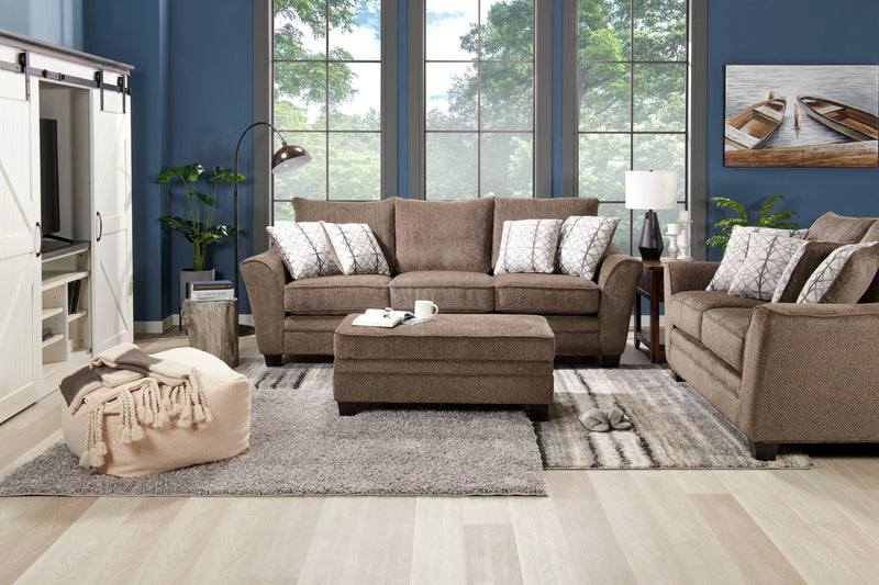 Pouf de rangement Febe de 26 po fabriqué au Canada en tissu de chenille avec pattes en bois - brun