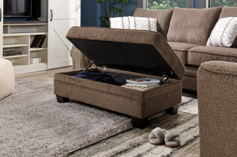 Pouf de rangement Febe de 26 po fabriqué au Canada en tissu de chenille avec pattes en bois - brun