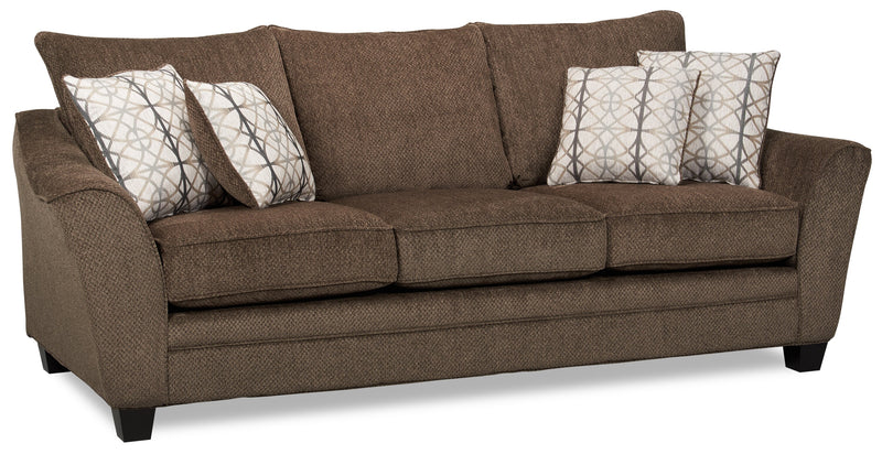 Sofa-lit double Febe de 85 po de format condo fabriqué au Canada en tissu de chenille avec accoudoirs évasés et coussins décoratifs - brun