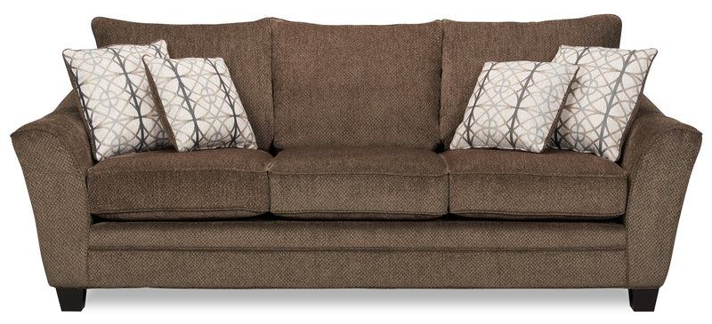 Sofa Febe de 100 po fabriqué au Canada en tissu de chenille avec accoudoirs évasés et coussins décoratifs - brun