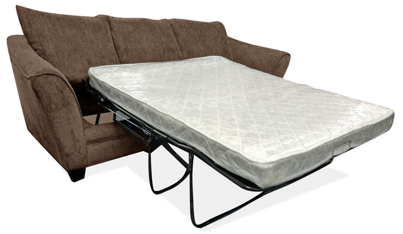 Sofa-lit double Febe de 85 po de format condo fabriqué au Canada en tissu de chenille avec accoudoirs évasés et coussins décoratifs - brun