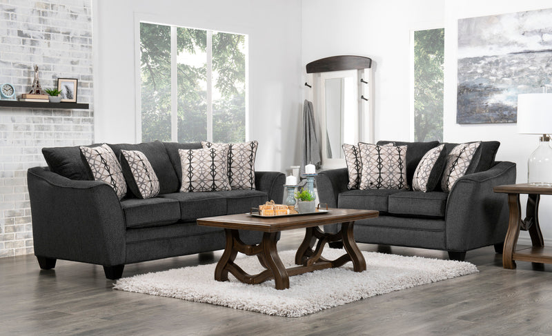 Sofa Febe de 85 po de format condo fabriqué au Canada en tissu de chenille avec accoudoirs évasés et coussins décoratifs - gris anthracite