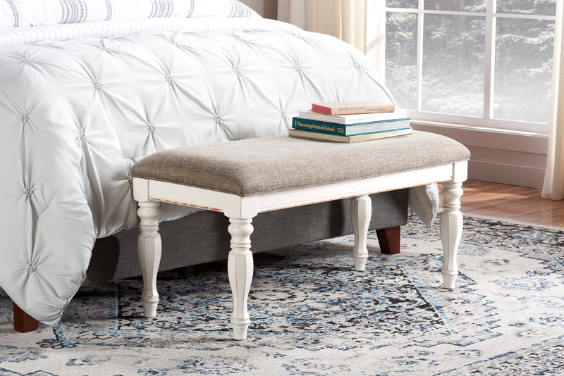 Banc de chambre à coucher Grace de 19 po (H) en bois et en tissu avec dessus relevable et rangement - blanc antique 
