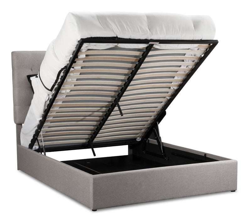 Lit plateforme rembourré Jace en tissu taupe capitonné avec rangement - format grand lit