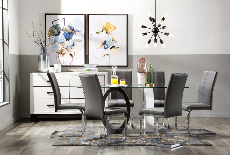 Table de salle à manger Jaye de 63 po (L) avec dessus en verre et base piédestal - grise et blanche