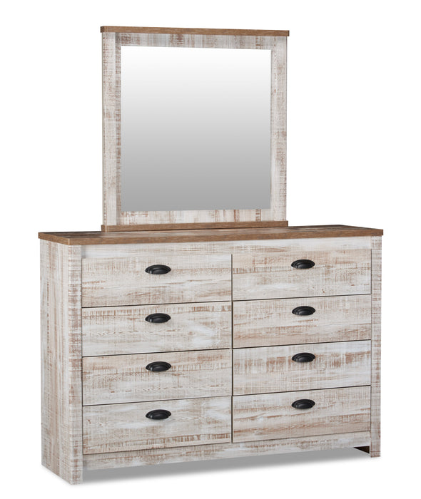 Ensemble de chambre à coucher Kaia 5 pièces avec lit à panneau, commode et miroir, blanchi - format grand lit
